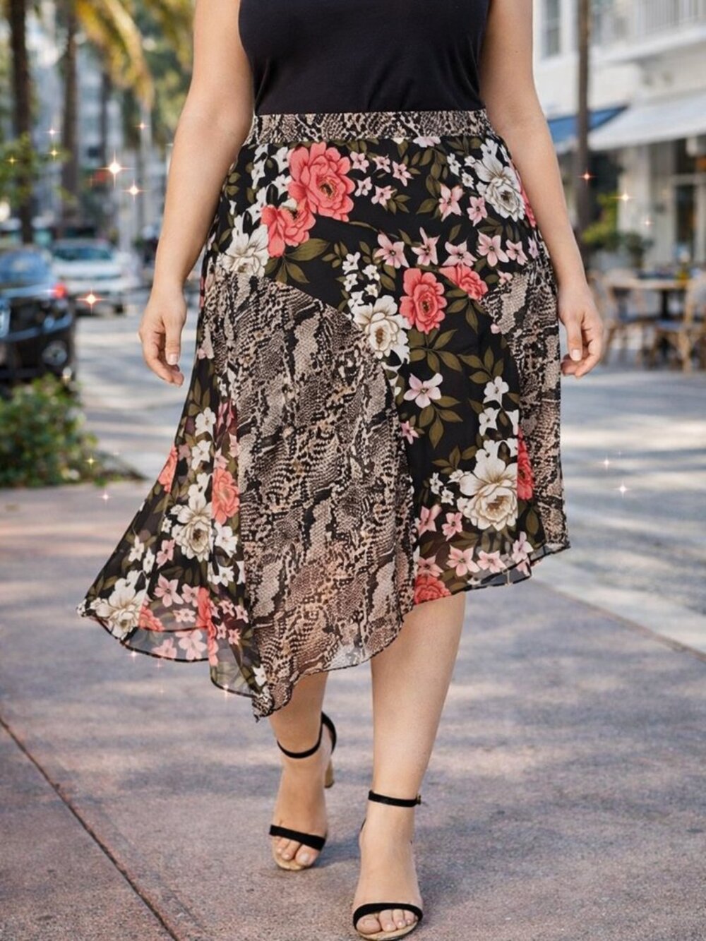 INC Floral & Snake Print Asymmetrical Midi Skirt 14W NWT | Mixed Print Flowy